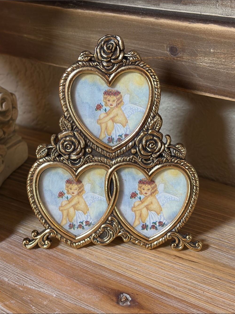 Vintage-Style Gold-Tone Triple Heart Rose Picture Frame - approx 2x2” Pictures